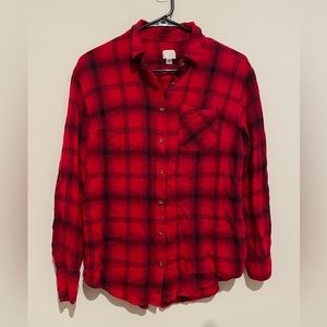 Plaid red button down long sleeve shirt